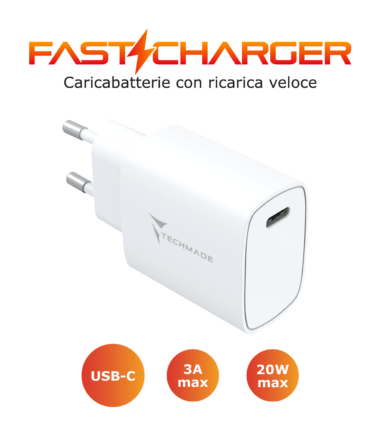 TECHMADE CARICABATTERIE 20W 1 PORTA USB-C OUTPUT FAST CHARGE