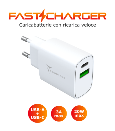 TECHMADE CARICABATTERIE 20W 1porta USB-C/USB-A FAST CHARGE