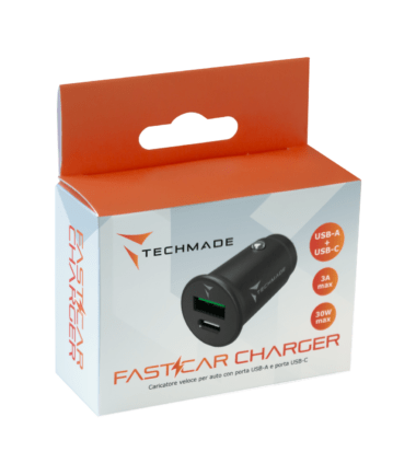 TECHMADE CARICATORE GAN AUTO FASTCHARGER 30 WATT TYPE-C + USB A
